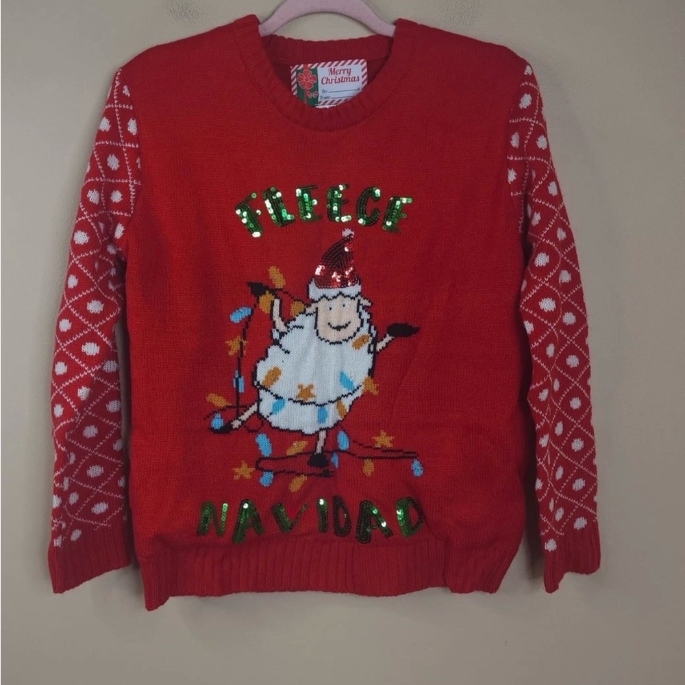 Ugly Christmas Sweater Sequin Fleece Navidad Sweater in Red Size S
